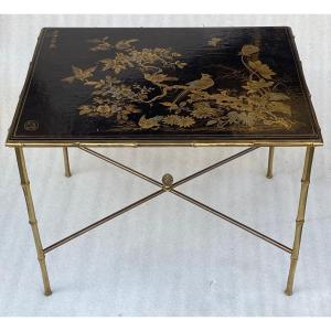 1950′ Maison Baguès/jansen Table Bamboo Decor In Gilt Bronze With Chinese Lacquer Tray