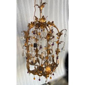 1970′ Italian Lantern In Golden Iron With Colored Glass Pendants H 80 Cm