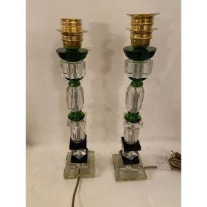 1940′ Paire De Lampes En Verre Remontage Avec Elements Anciens , H 40  Epaulements Couleur Vert