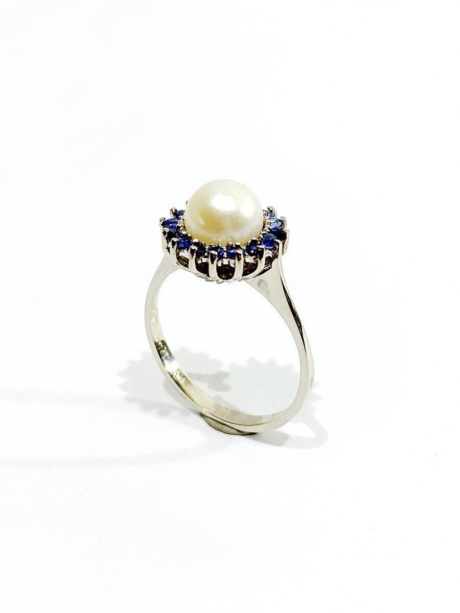 White Gold, Pearl And Sapphires Ring-photo-4
