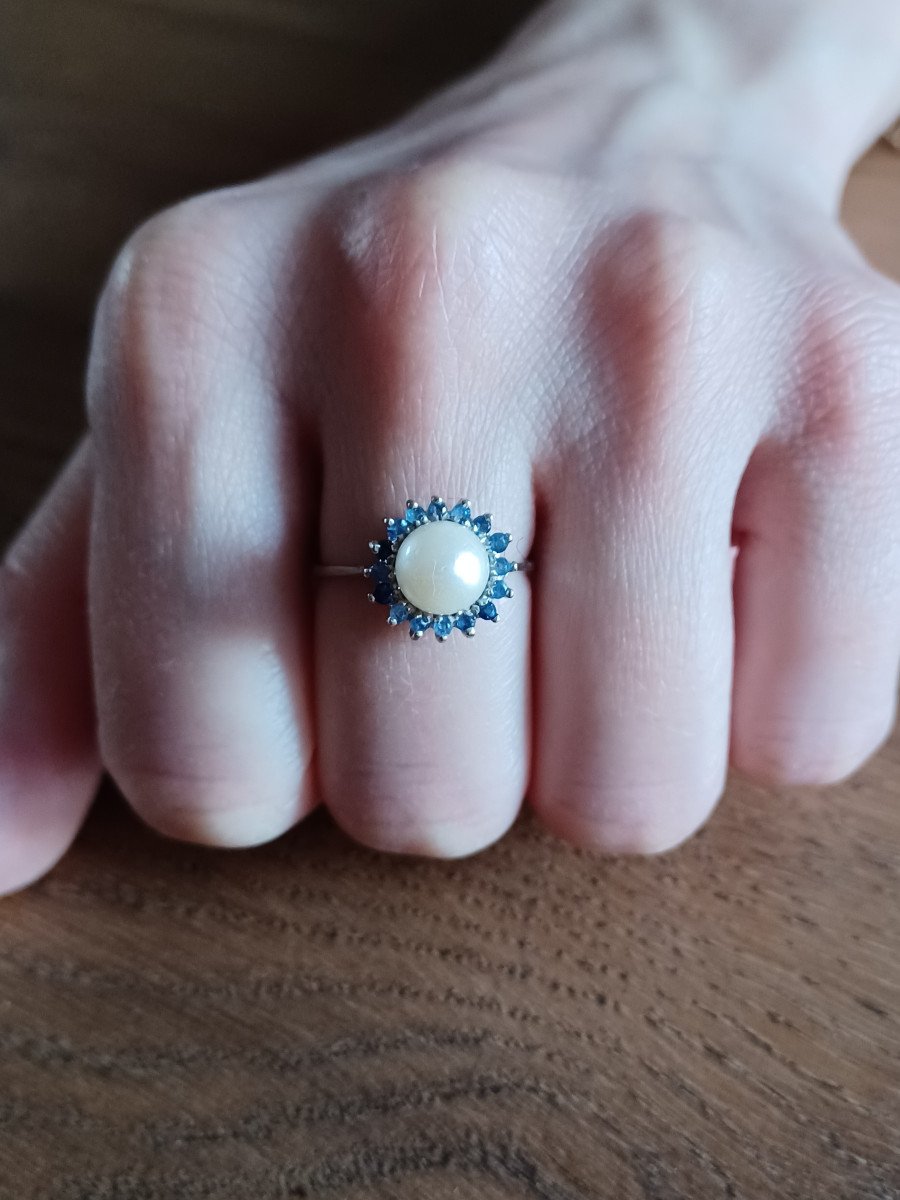 White Gold, Pearl And Sapphires Ring-photo-2