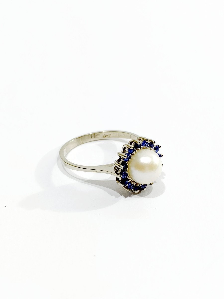 White Gold, Pearl And Sapphires Ring-photo-6