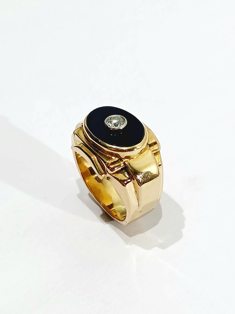 Bague Tank Or, Onyx Et Diamant 