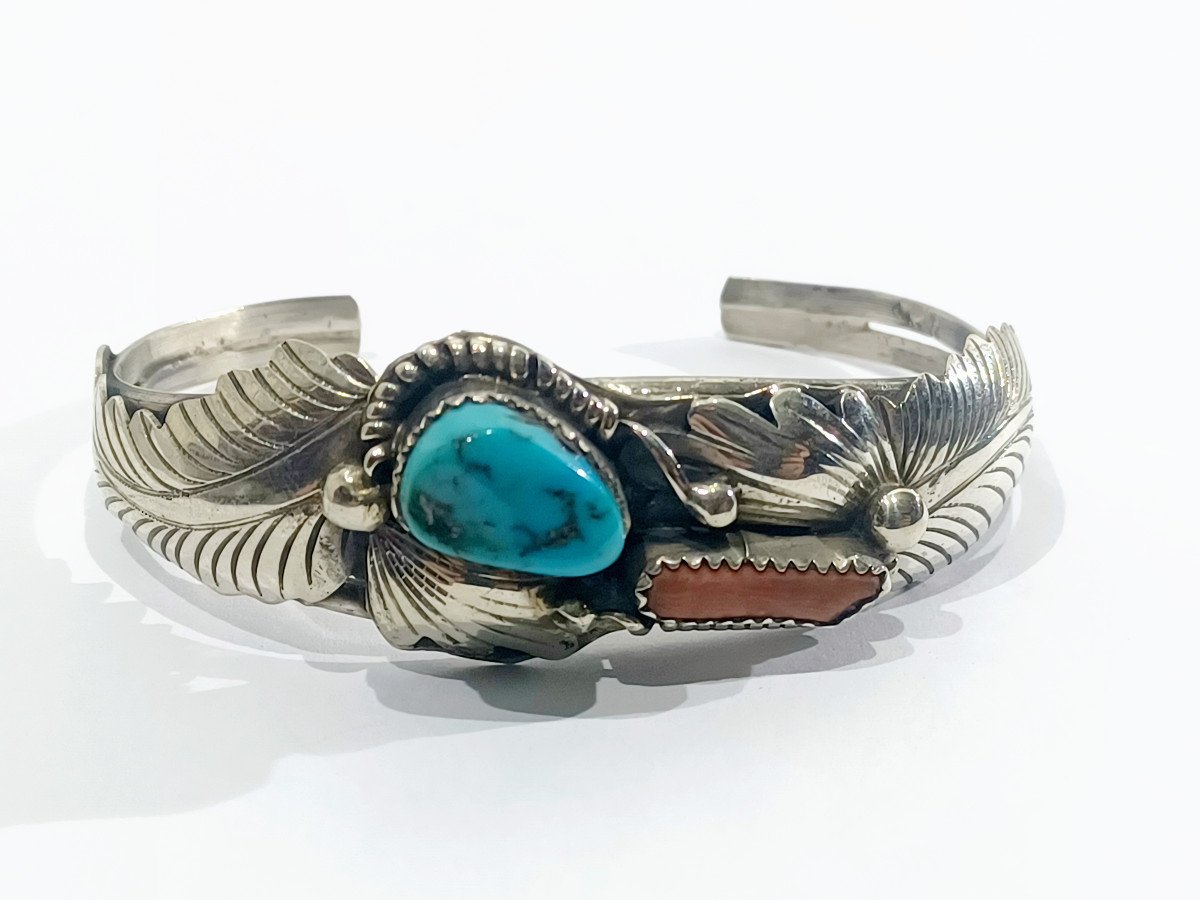 Bracelet Manchette En Argent, Turquoise Et Corail   -photo-2