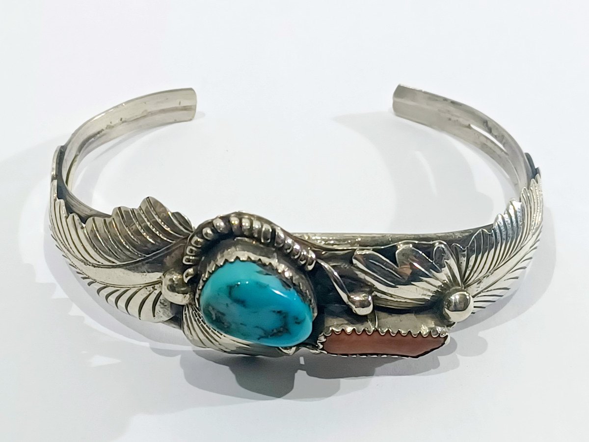 Bracelet Manchette En Argent, Turquoise Et Corail   -photo-3