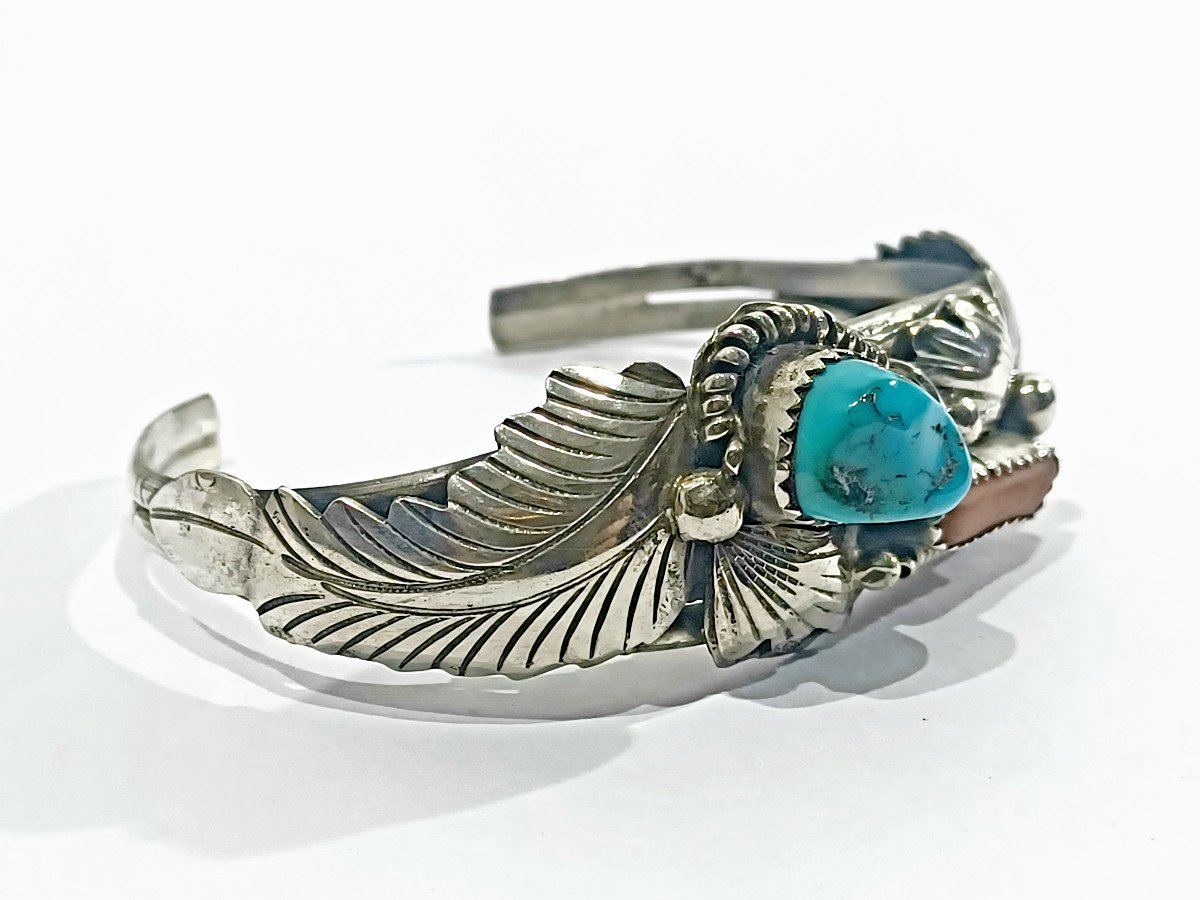 Bracelet Manchette En Argent, Turquoise Et Corail   -photo-4