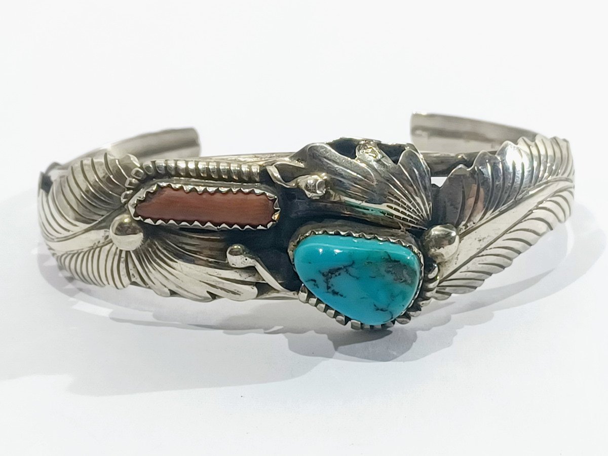 Bracelet Manchette En Argent, Turquoise Et Corail   -photo-2