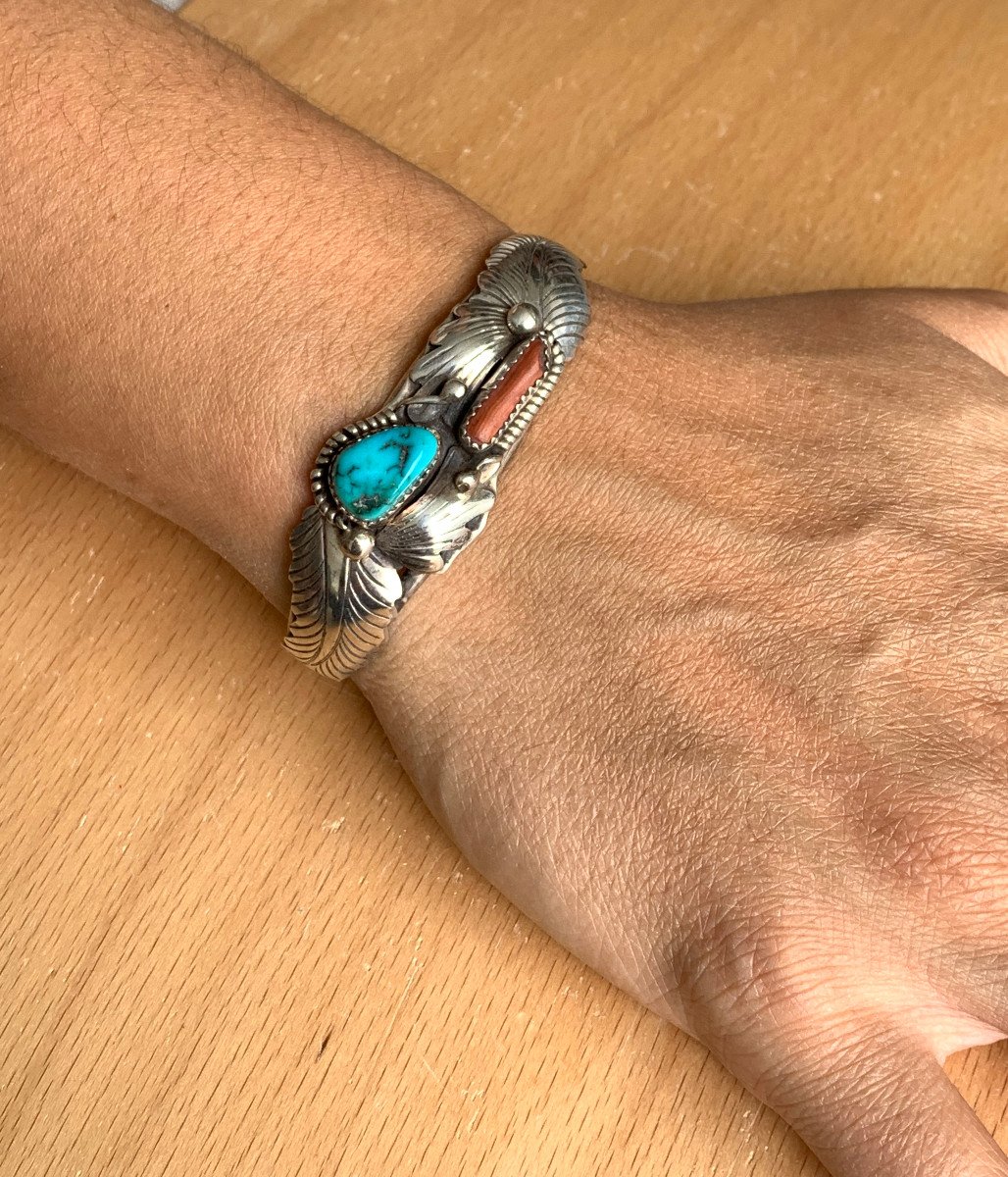 Bracelet Manchette En Argent, Turquoise Et Corail   -photo-7