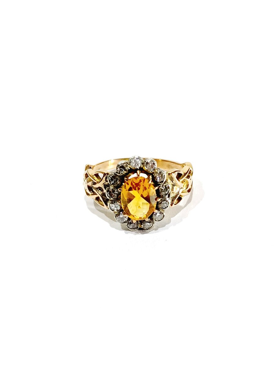 Bague Art Nouveau En Or, Diamants Et Citrine-photo-2