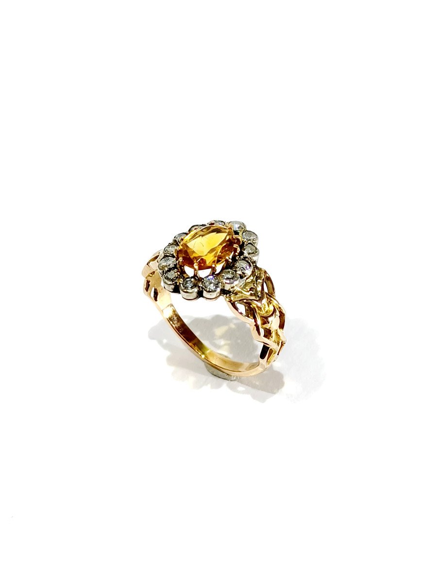 Bague Art Nouveau En Or, Diamants Et Citrine