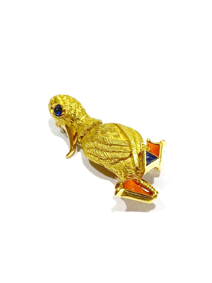 Broche Canard En Or, Corail Et Saphirs-photo-2