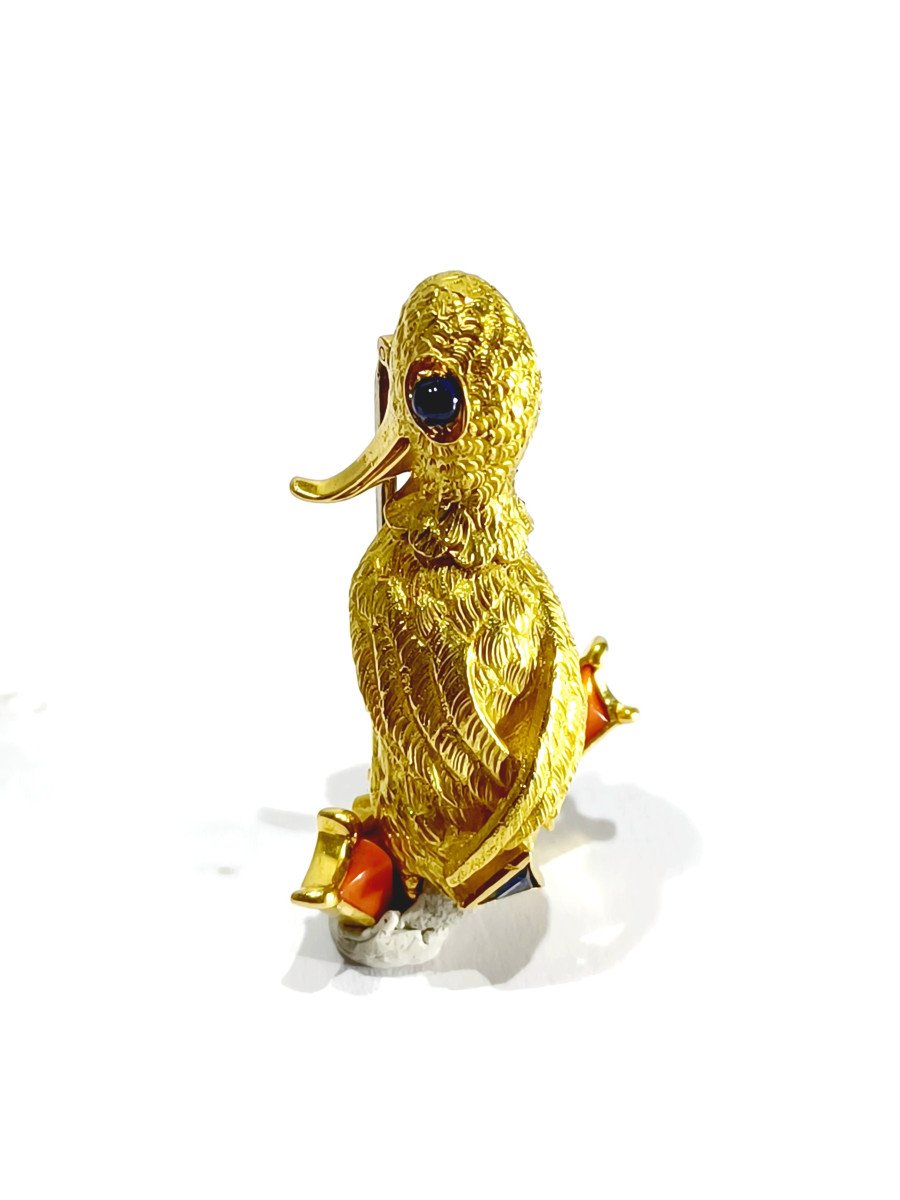 Broche Canard En Or, Corail Et Saphirs-photo-4