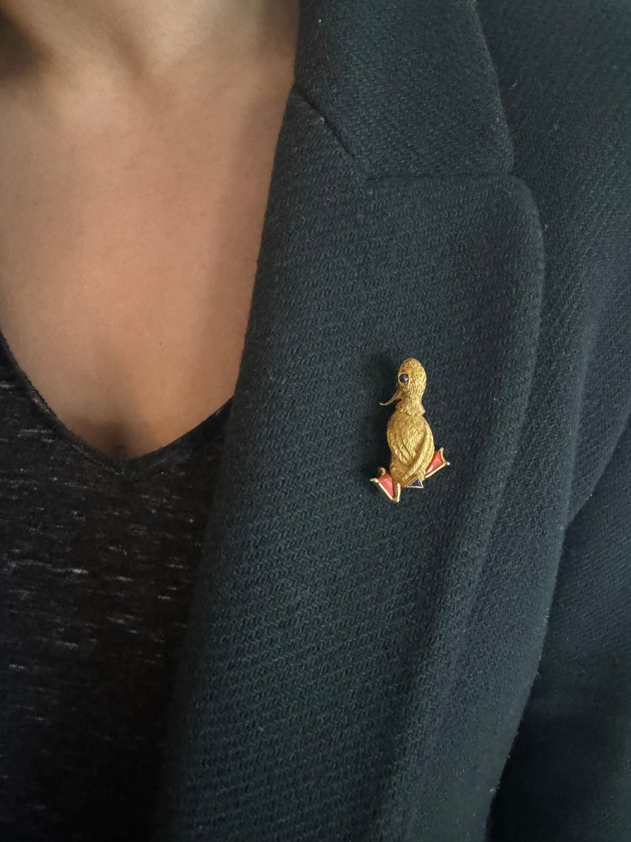 Broche Canard En Or, Corail Et Saphirs-photo-7