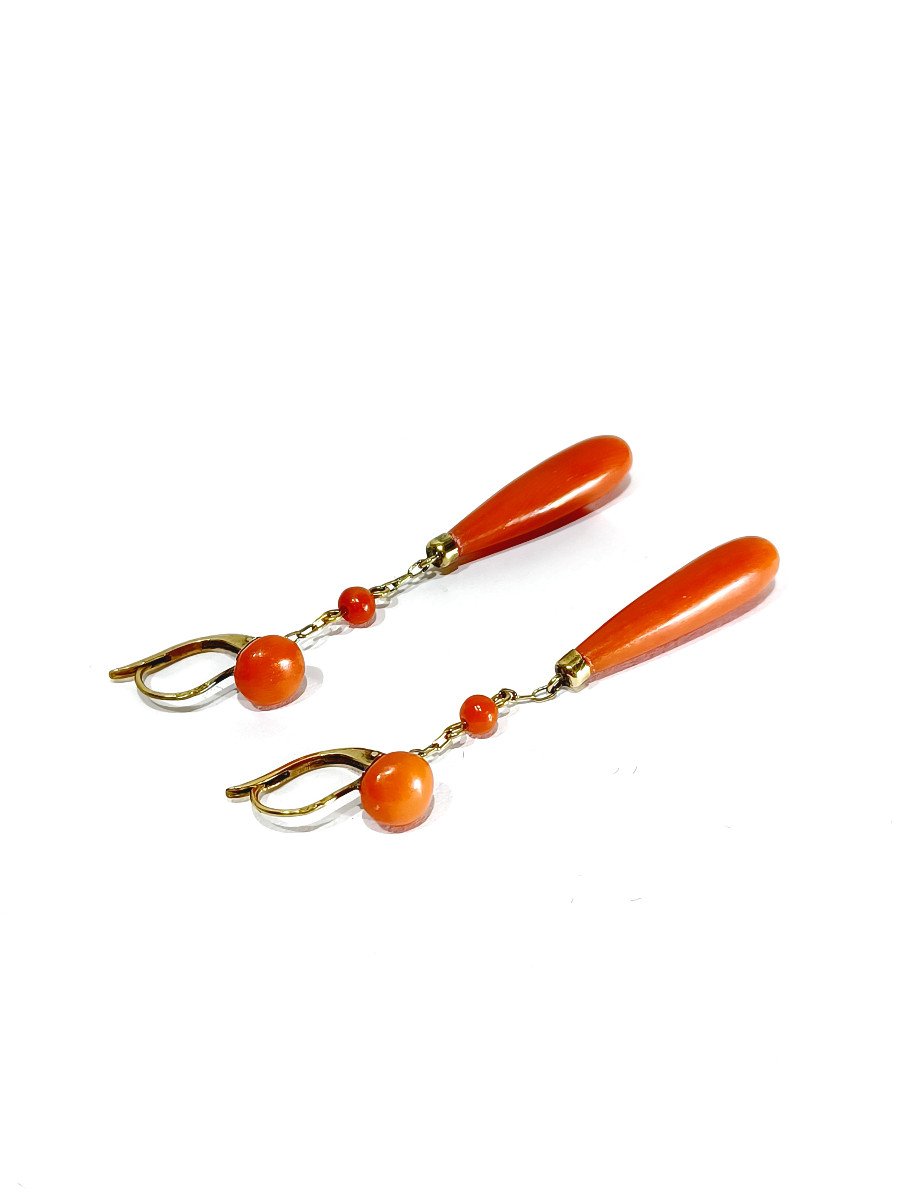 Paire De Boucles d'Oreilles En Or Et En Corail	-photo-2