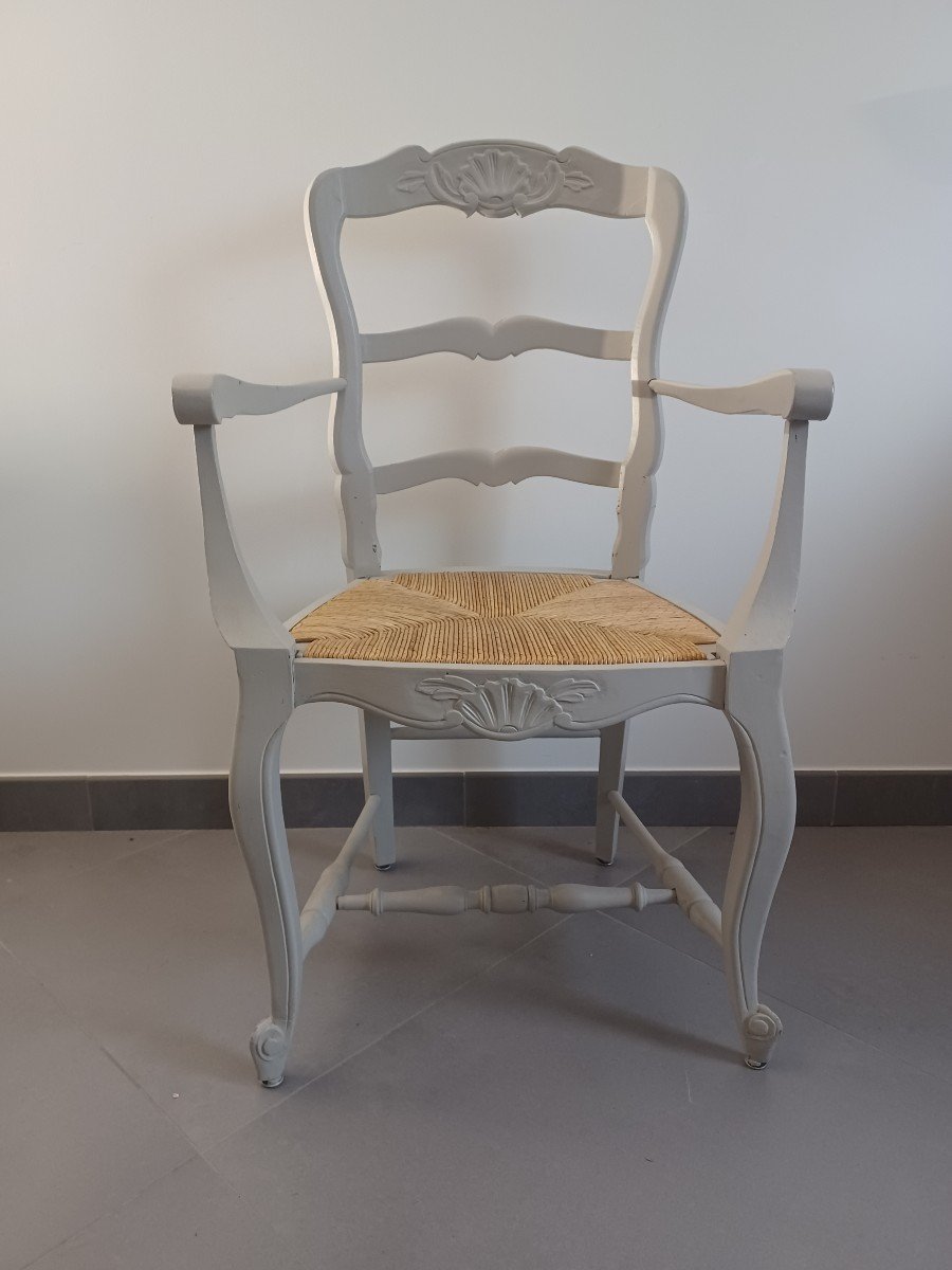 Painted Wooden Armchair, Straw Seat