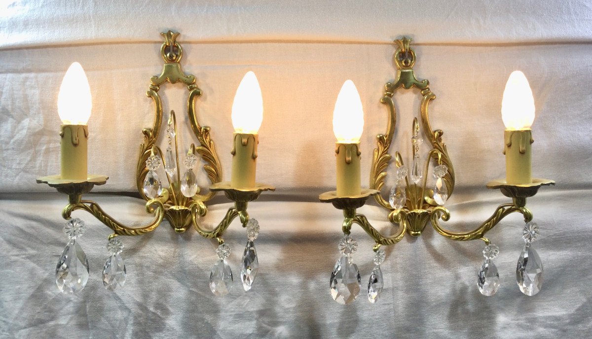 Pair Of Bronze And Crystal Wall Lamp 2 Lights-photo-6