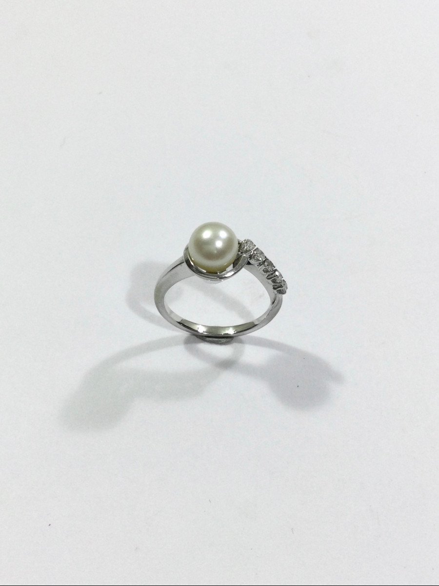 Bague En Or Blanc Perle Et Diamants -photo-2