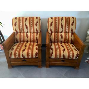 Jacques Leleu - Pair Of Cherry Wood Armchairs