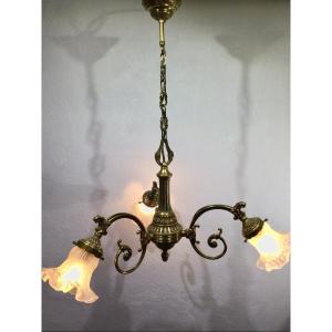 Lustre 3 Lumières En Bronze Et Tulipes En Verre