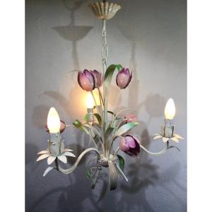 3 Light Wrought Iron Chandelier (tulips)