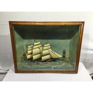 Diorama With Three Mast Ship Model 