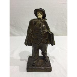 Victor Rousseau – Bronze And Ivory Sculpture “old Man In The Cape”