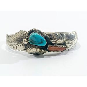 Bracelet Manchette En Argent, Turquoise Et Corail   