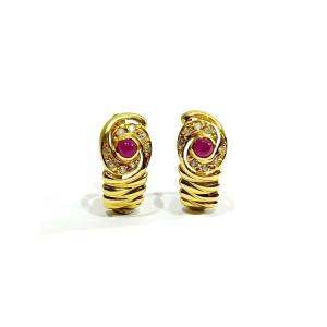 Pair Of Gold, Ruby And Diamond Earrings   