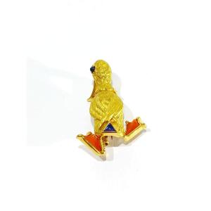 Broche Canard En Or, Corail Et Saphirs