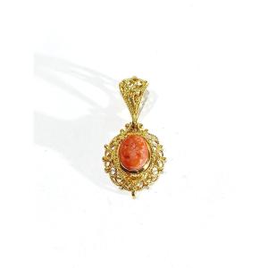 Gold And Coral Cameo Pendant