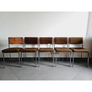 Five Chrome Metal And Mottled Fabric Chairs