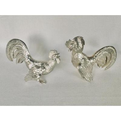 Pair Of Fighting Roosters In Sterling Silver