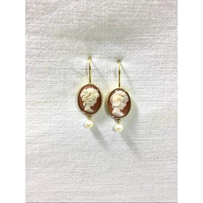 Pair Of Gold Earring, Cameos And Pearls