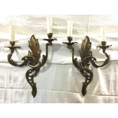 Pair Of Bronze Sconces Two Lights Louis XV Style