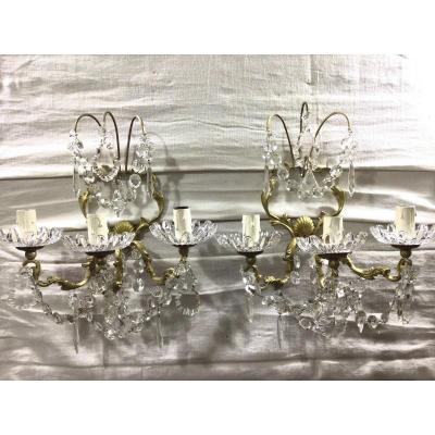Pair Of 3 Lights Sconces In Bronze And Crystal