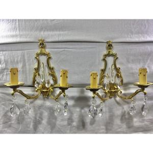 Pair Of Bronze And Crystal Wall Lamp 2 Lights