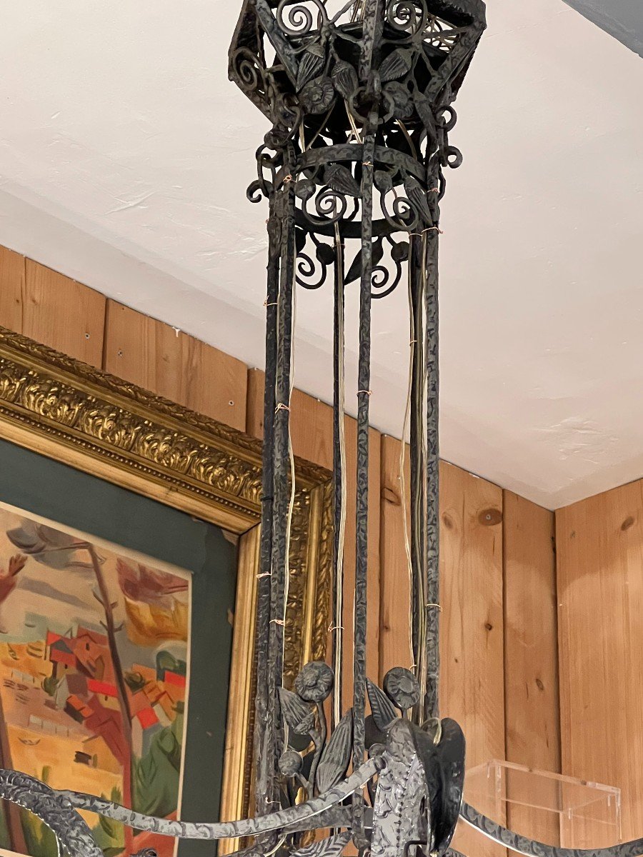 Schneider, Large Art Deco Chandelier, Wrought And Hammered Iron Frame, 1925, With 6 Tulips-photo-4