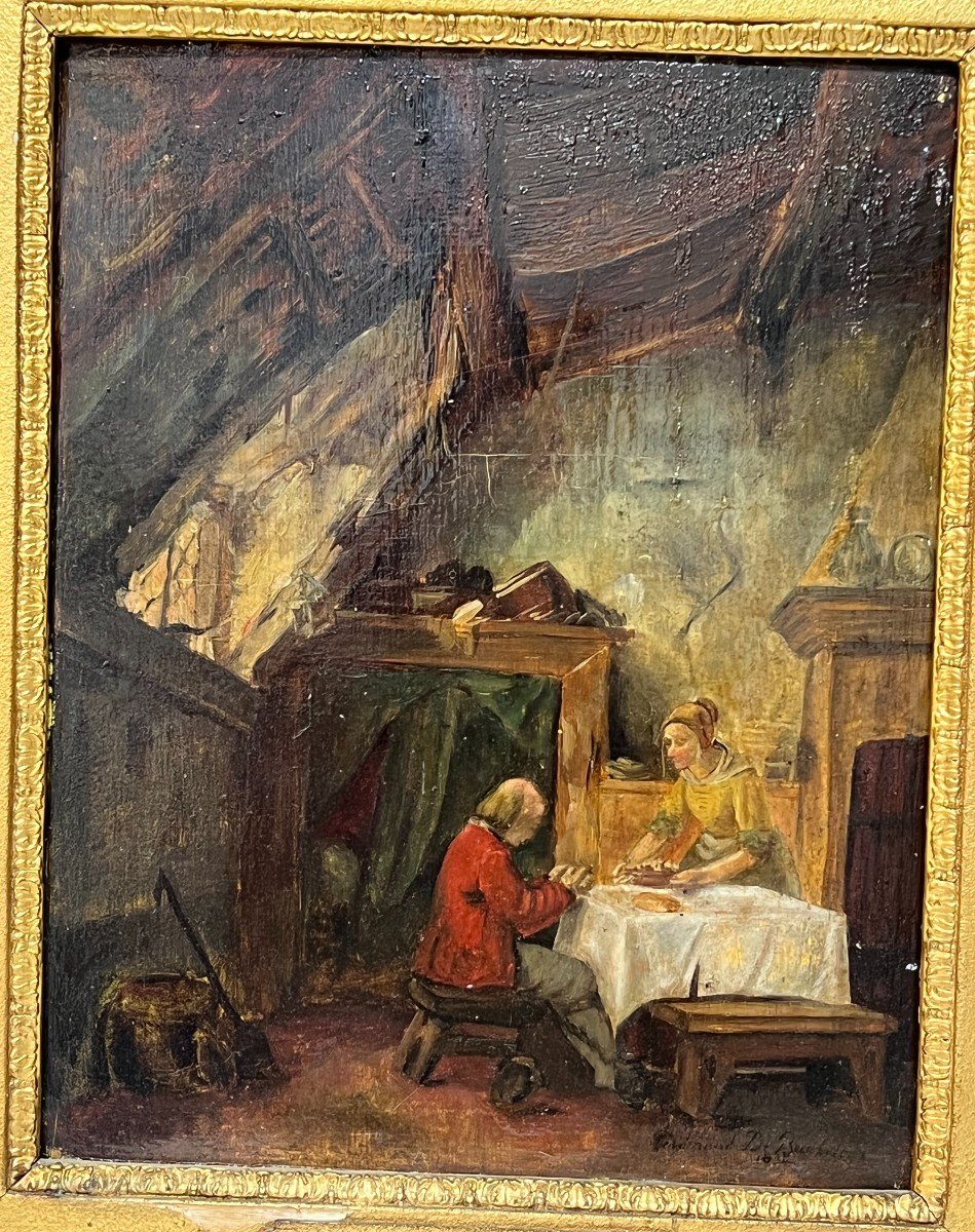 Ferdinand De Braekeleer ( 1792-1883 ) Belle Huile Sur Panneau De Bois, Scène d'Intérieur