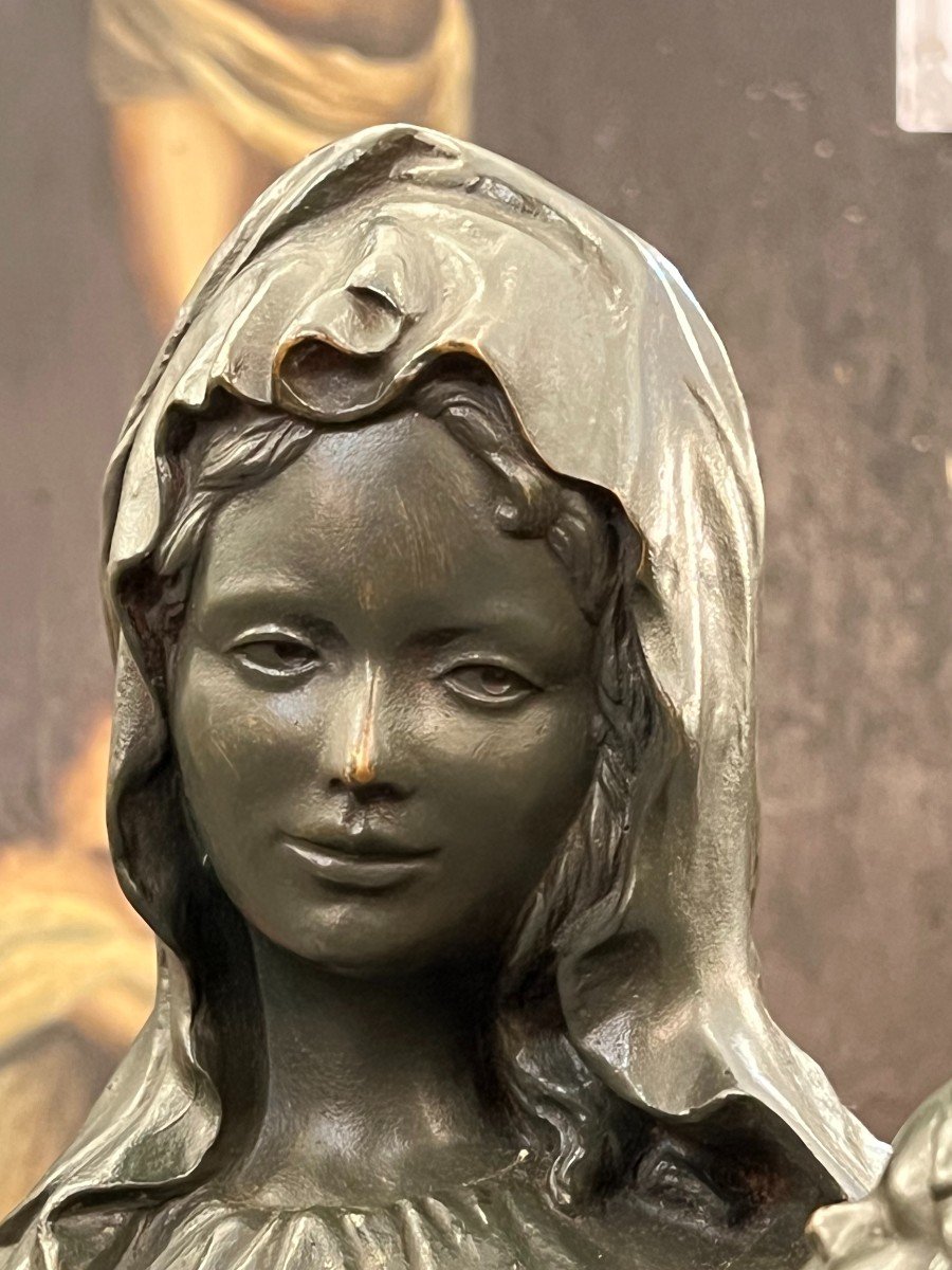 Grande Statue En Bronze Ancienne XIXe, Femme à l'Enfant, Sur Socle Bois Massif, 98 Cm-photo-3