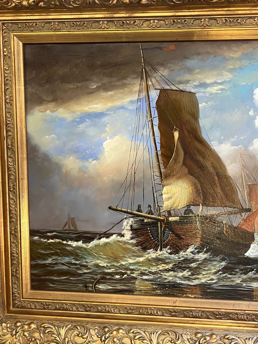 John Russel Chancellor (1925-1984) Rare On The Market, Oil On Canvas, Marine, Boats-photo-2