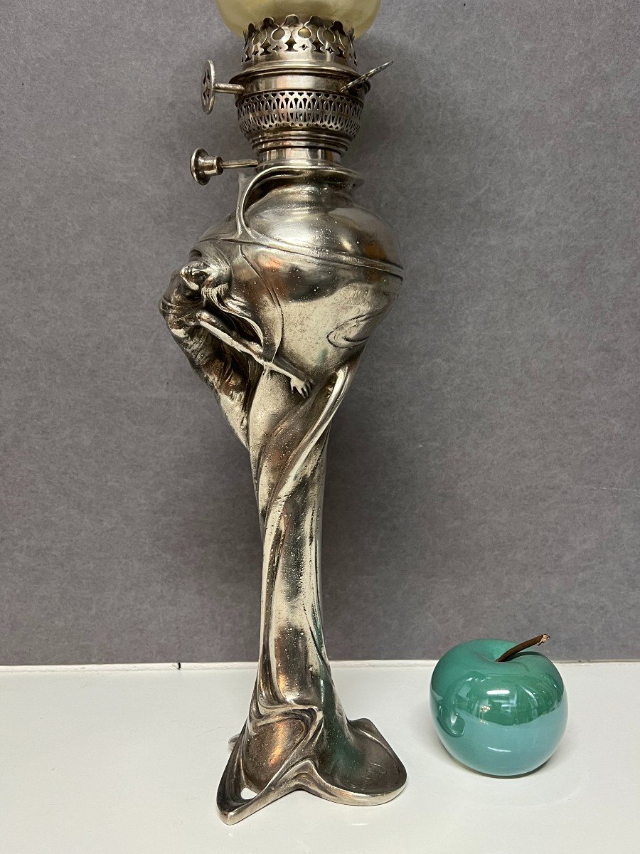 Charles Emile Jonchery (1873-1937) Art Nouveau Silver Regulated Oil Lamp Base-photo-4