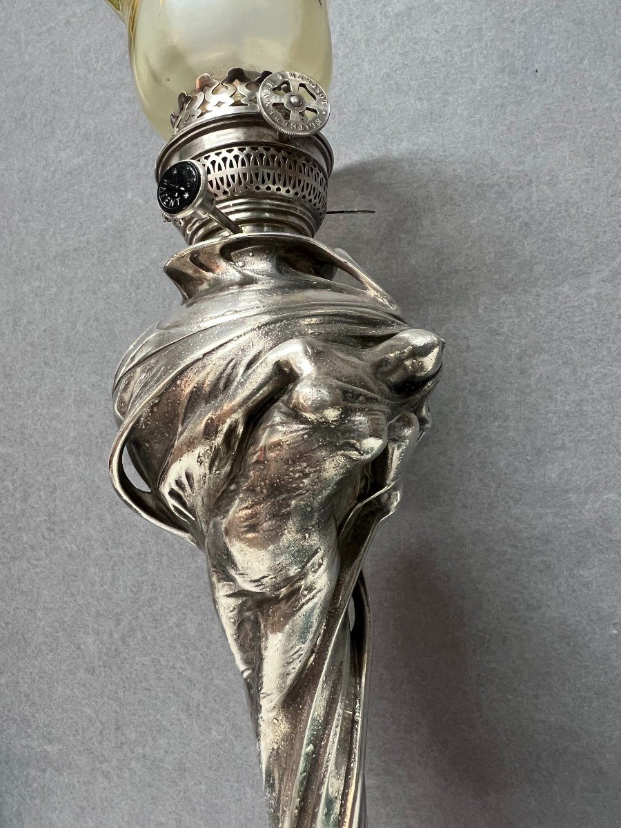 Charles Emile Jonchery (1873-1937) Art Nouveau Silver Regulated Oil Lamp Base-photo-6