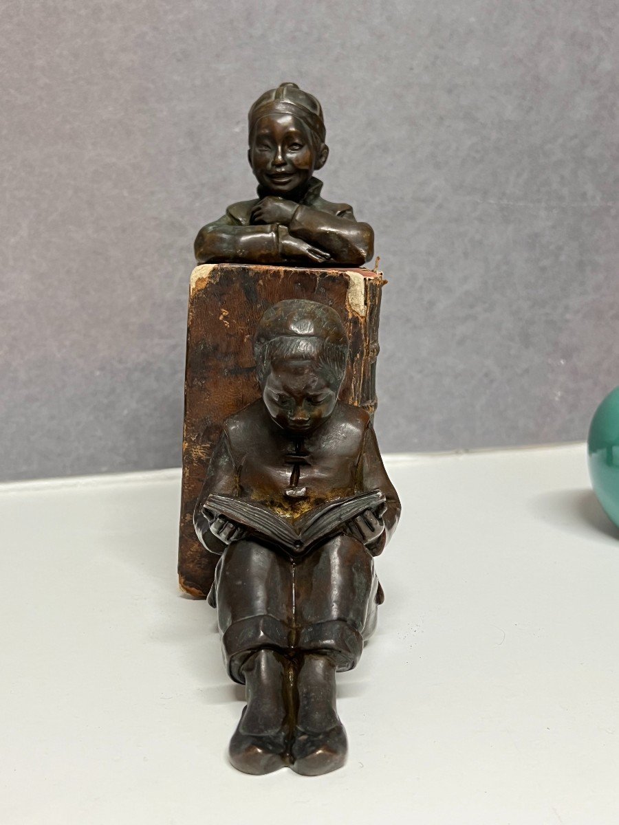 Rare Pair Of Bronze Bookends With Chinese Decor, Around The Beginning Of The 20th Century-photo-2