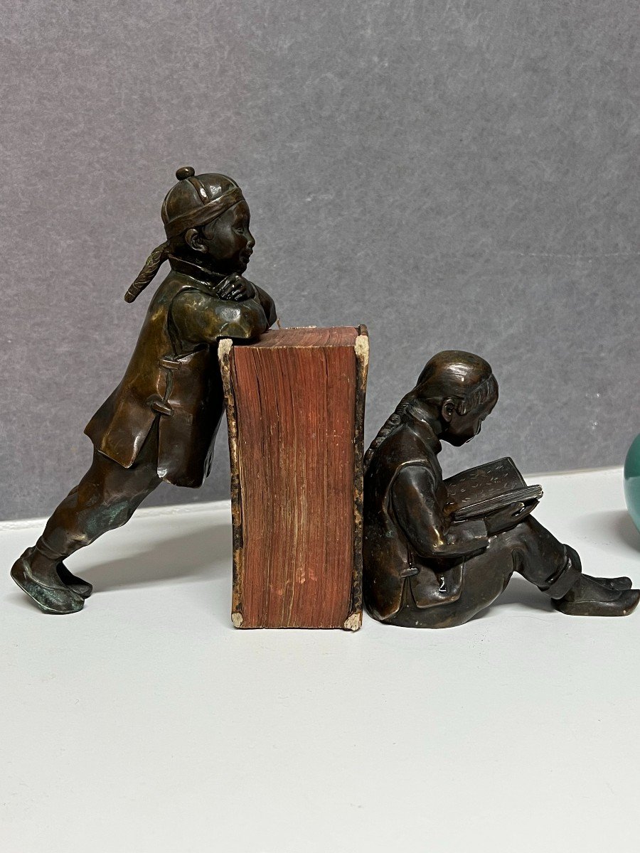 Rare Pair Of Bronze Bookends With Chinese Decor, Around The Beginning Of The 20th Century-photo-6