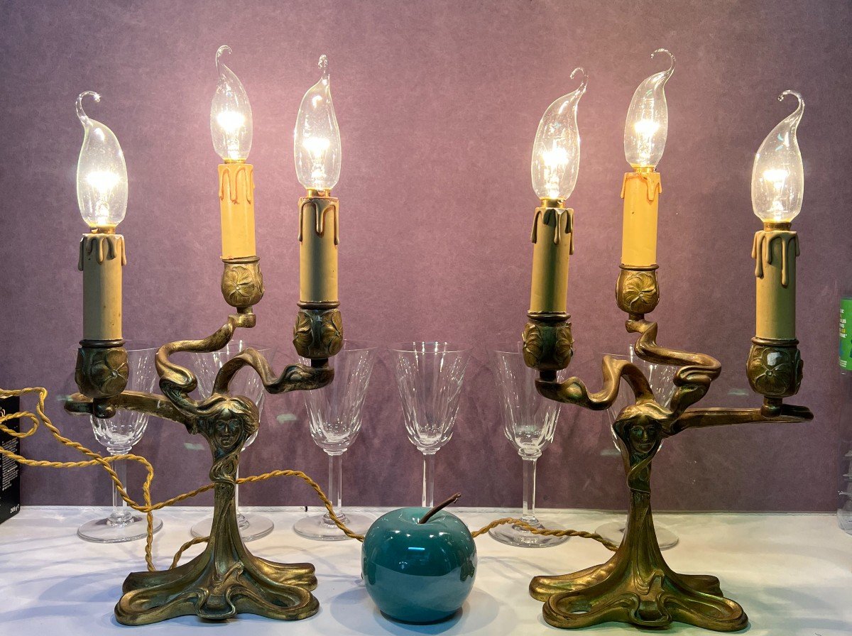 Pair Of Candelabra Candlesticks In Solid Gilt Bronze, Art Nouveau Period