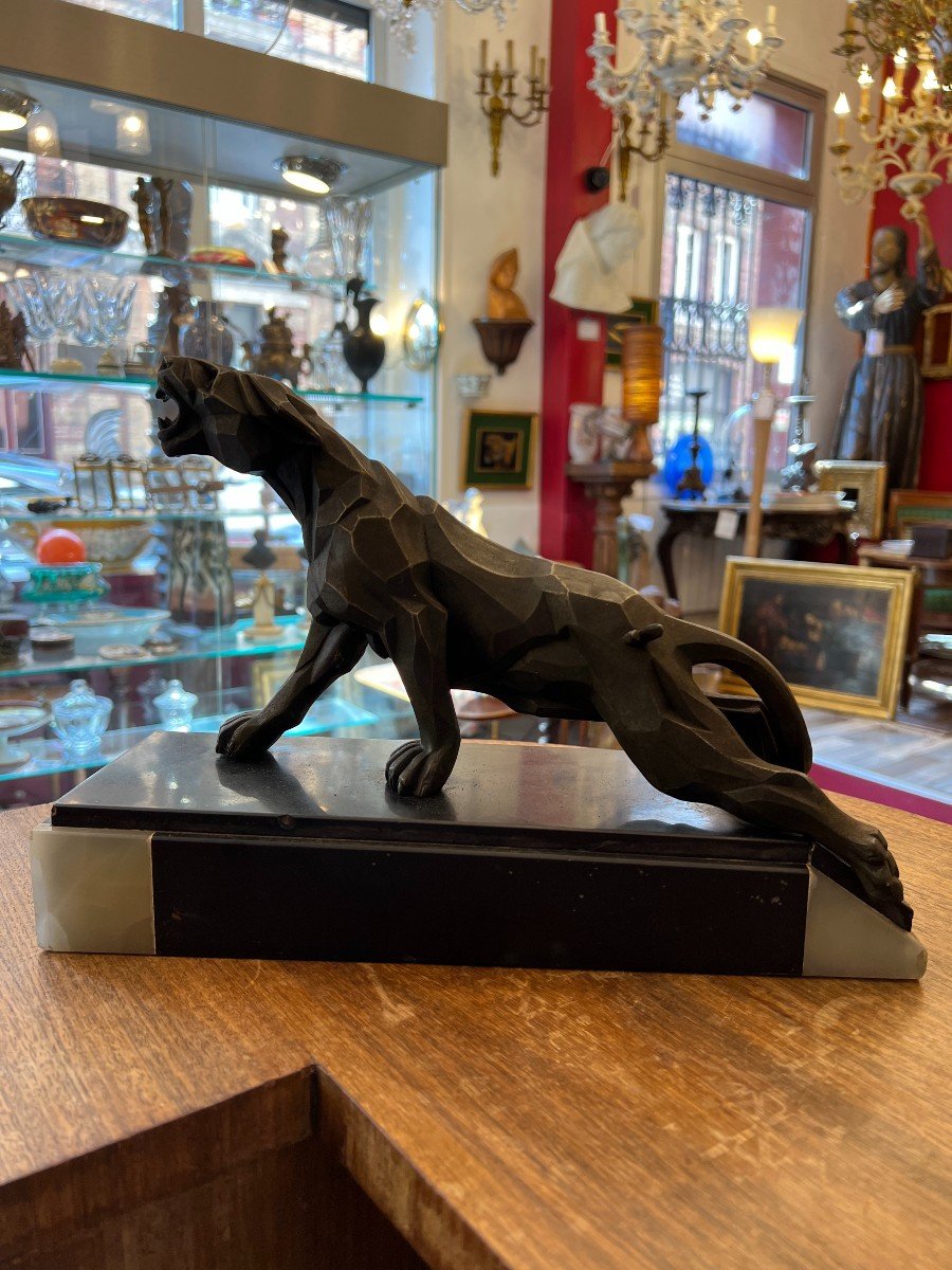 A. Notari, Cubist Sculpture 1930, Panther Spelter On Marble Base-photo-2