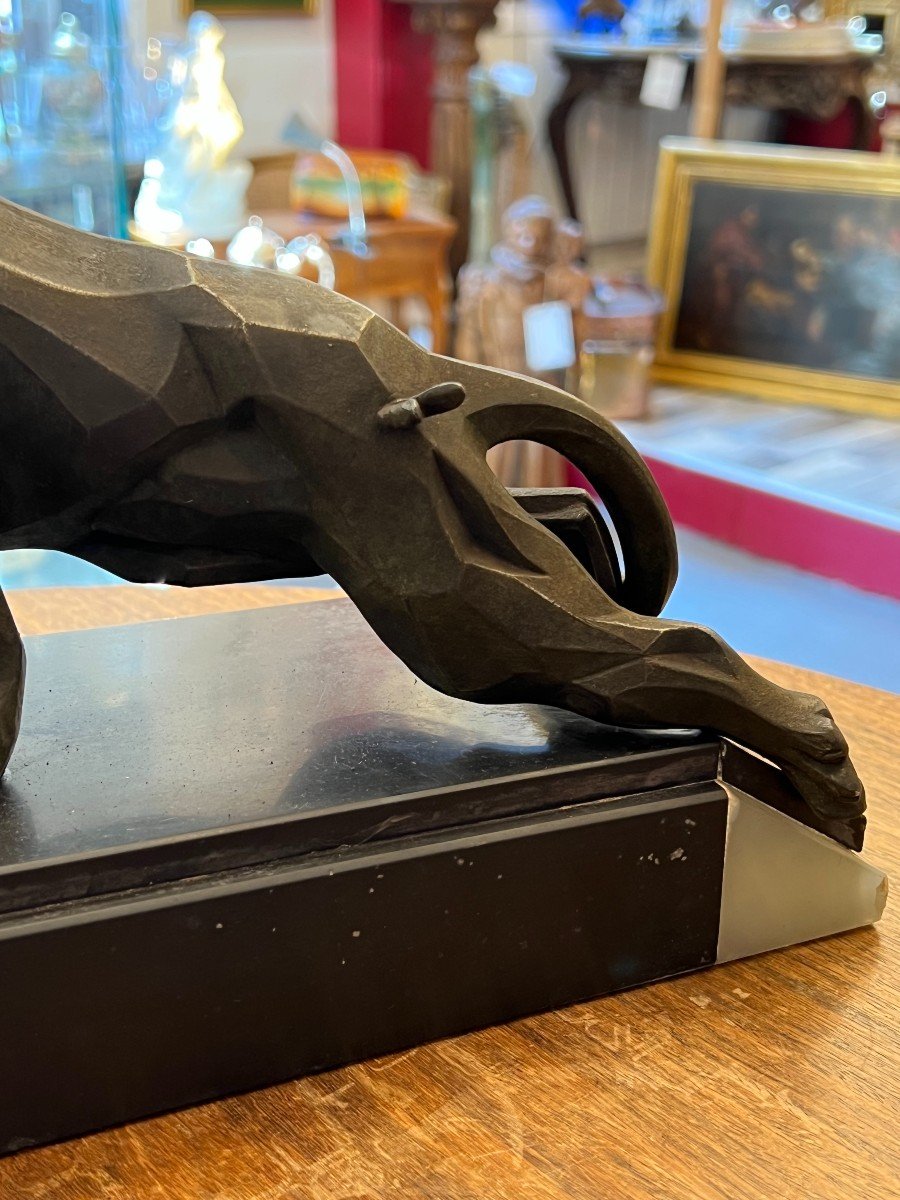 A. Notari, Cubist Sculpture 1930, Panther Spelter On Marble Base-photo-4