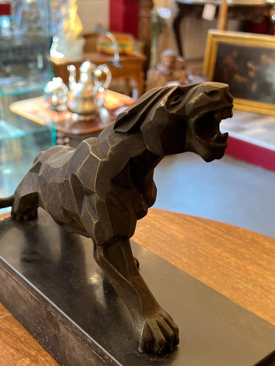 A. Notari, Cubist Sculpture 1930, Panther Spelter On Marble Base-photo-2