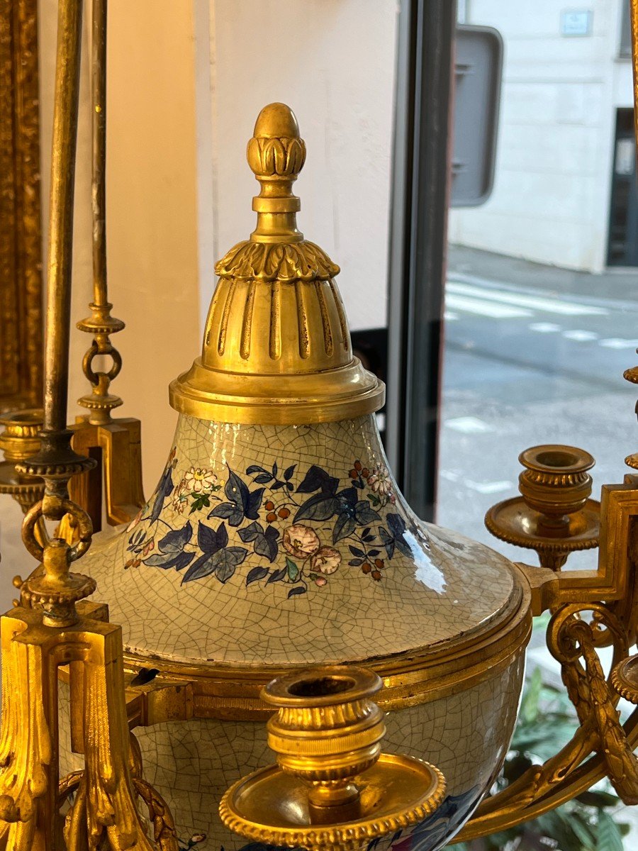 Pretty Antique Candle Chandelier, 19th Century, In Bronze And Earthenware, Napoleon III Period-photo-2