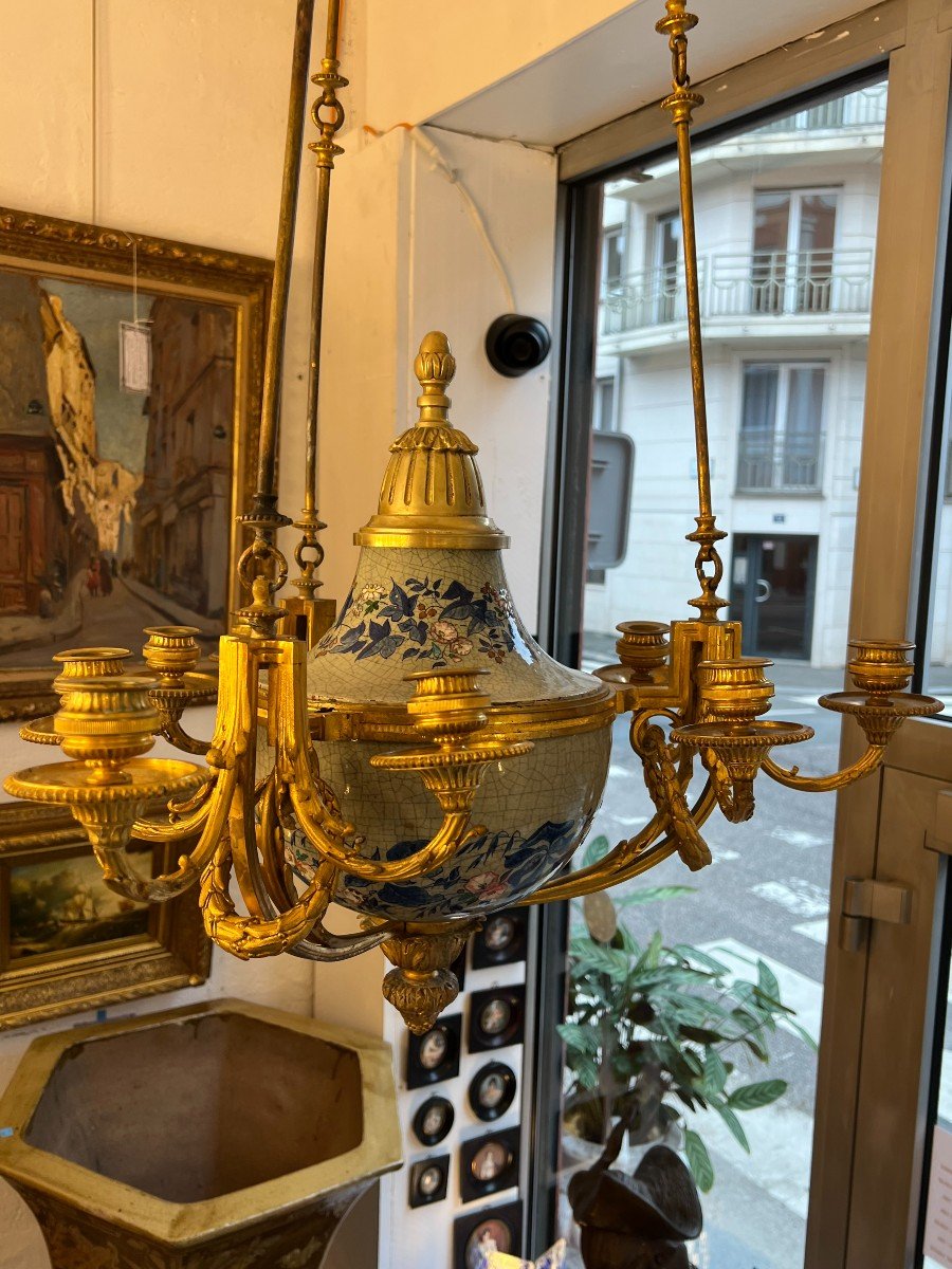 Pretty Antique Candle Chandelier, 19th Century, In Bronze And Earthenware, Napoleon III Period-photo-4
